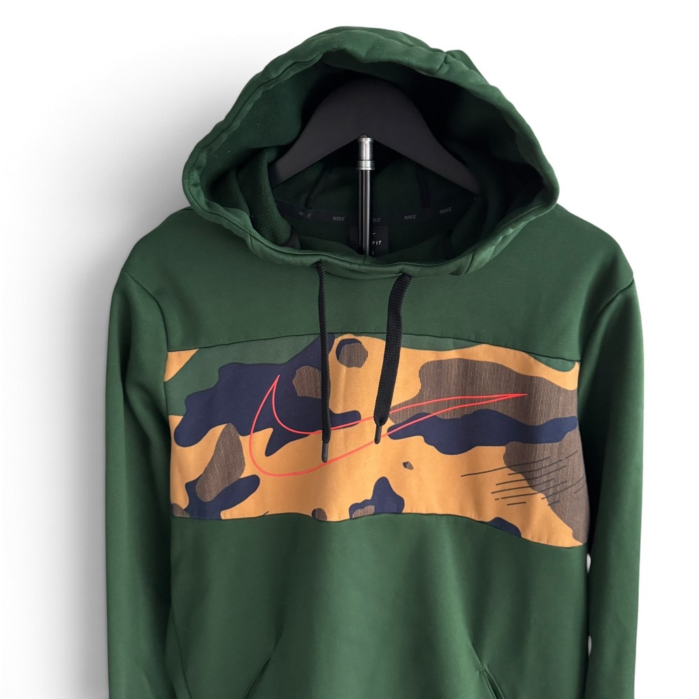 Nike DriFit Hoodie Men M Green Camo Print Performance Stretch Athletic Pullover